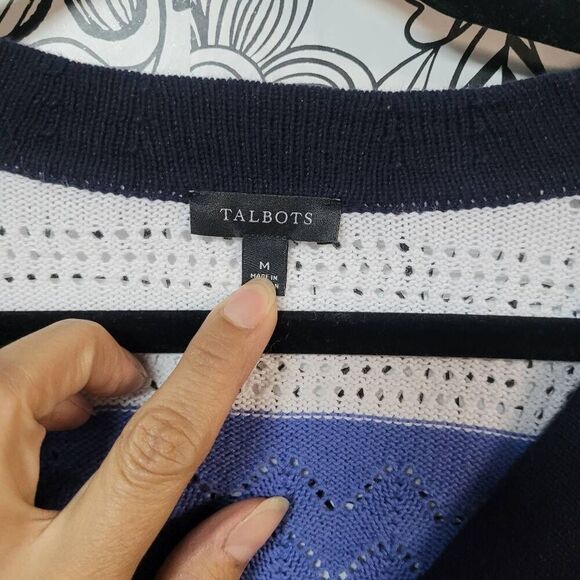 Talbots linen blend crochet button front cardigan office chic Striped nautical M - Picture 9 of 9